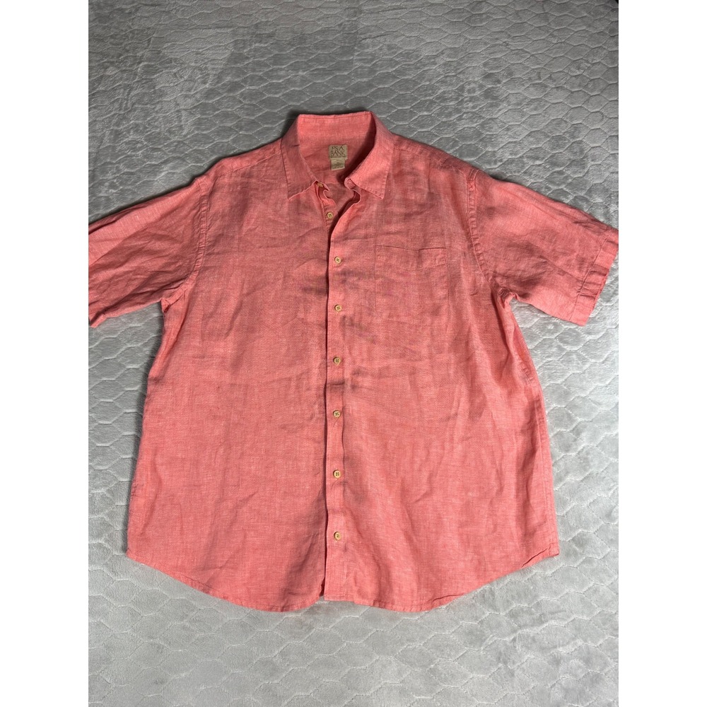 Jos A Bank Mens XL Linen Short Sleeve Button Down Shirt Coral Pink Resortwear